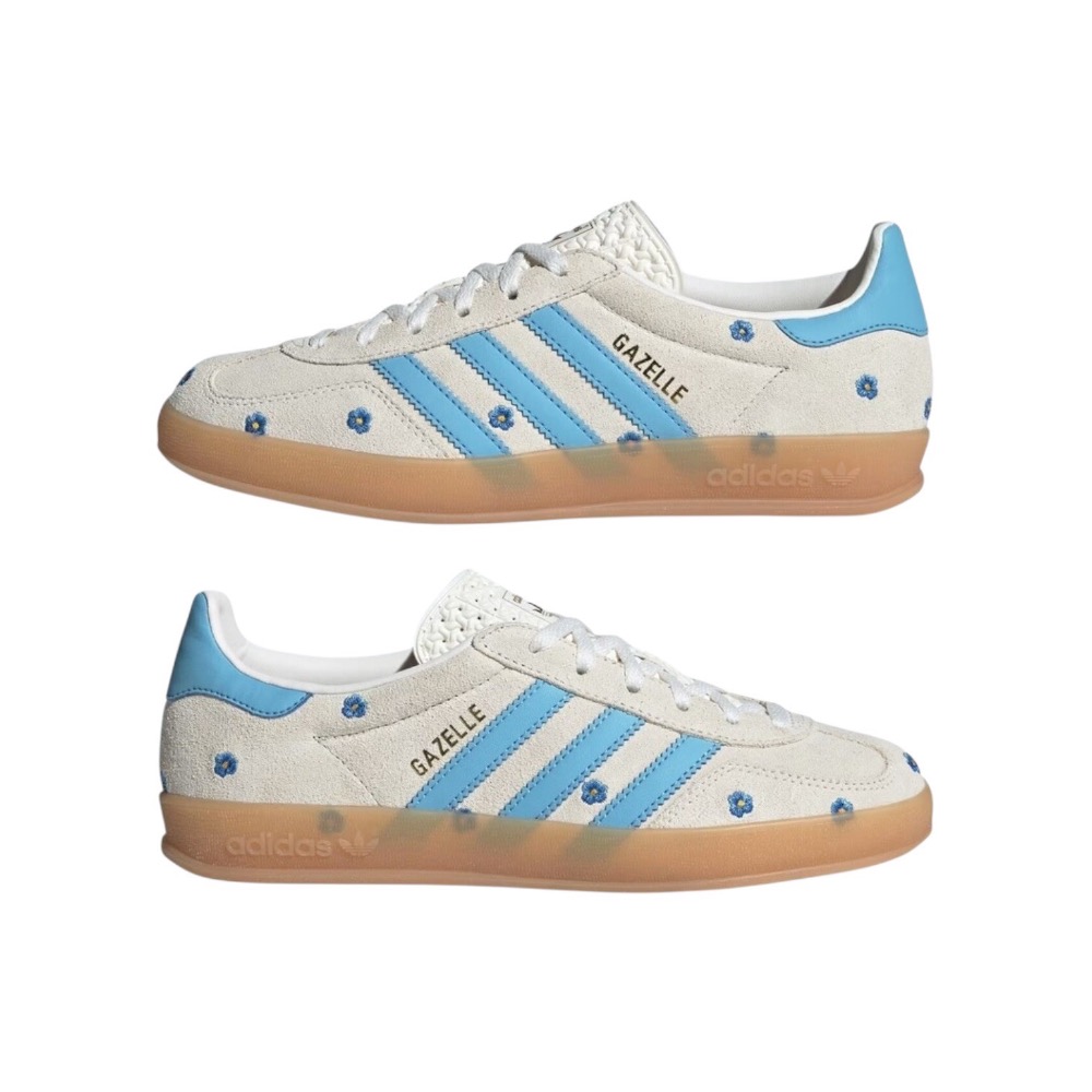 👟adidas Gazelle Indoor 休閒鞋 天空藍白色｜天空藍色｜白色｜奶茶底｜花朵｜刺繡｜皮革｜麂皮｜平底-細節圖11