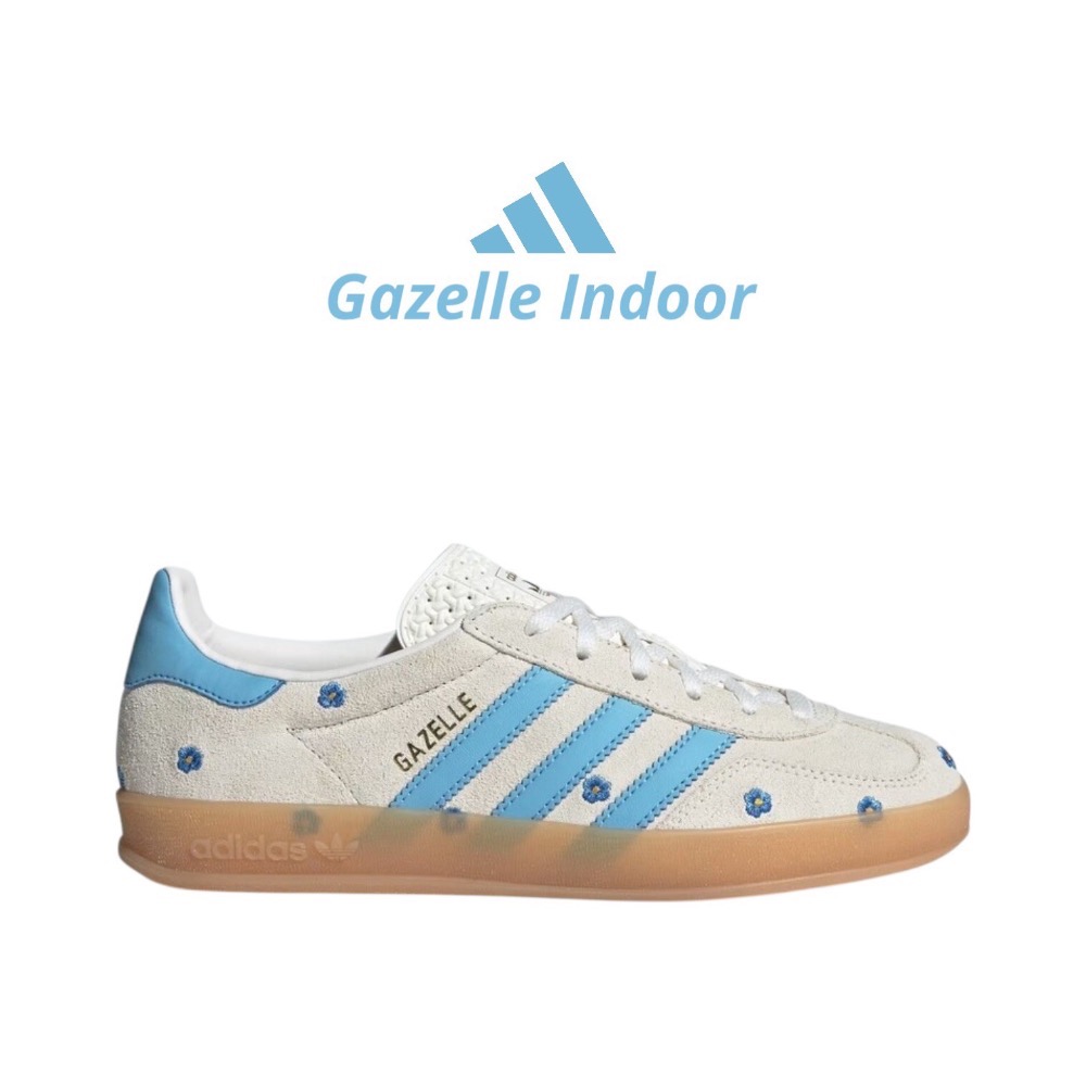 👟adidas Gazelle Indoor 休閒鞋 天空藍白色｜天空藍色｜白色｜奶茶底｜花朵｜刺繡｜皮革｜麂皮｜平底-細節圖6