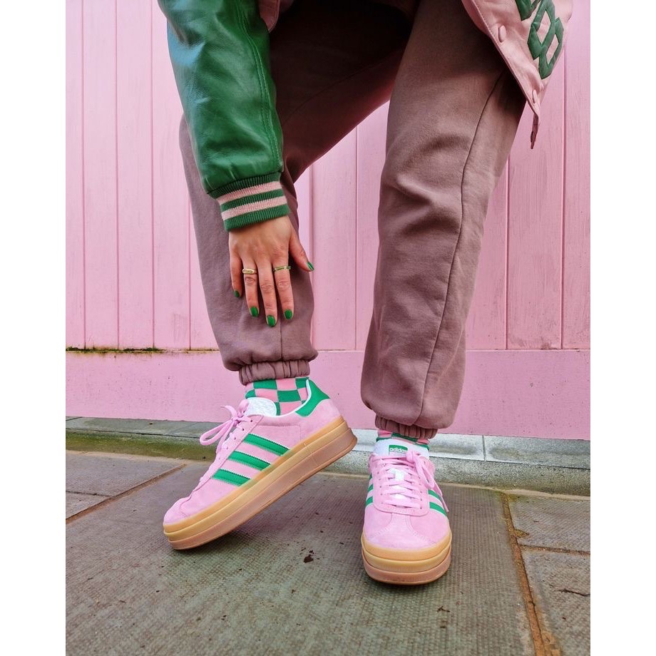 👟adidas GAZELLE BOLD休閒鞋 粉綠色｜粉紅色｜綠色｜草綠色｜焦糖底｜皮革｜麂皮｜平底鞋｜增高鞋｜德訓-細節圖3