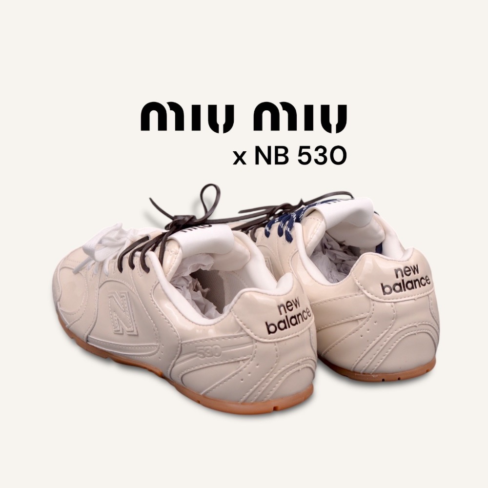 👟New Balance530 x Miu Miu 聯名款粉膚色亮面皮革拼接運動休閒皮鞋 ｜牛皮｜漆皮｜情侶款｜休閒｜-細節圖2