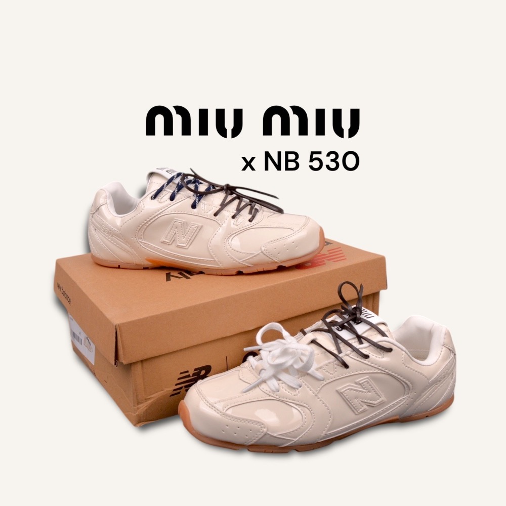 👟New Balance530 x Miu Miu 聯名款粉膚色亮面皮革拼接運動休閒皮鞋 ｜牛皮｜漆皮｜情侶款｜休閒｜-細節圖3