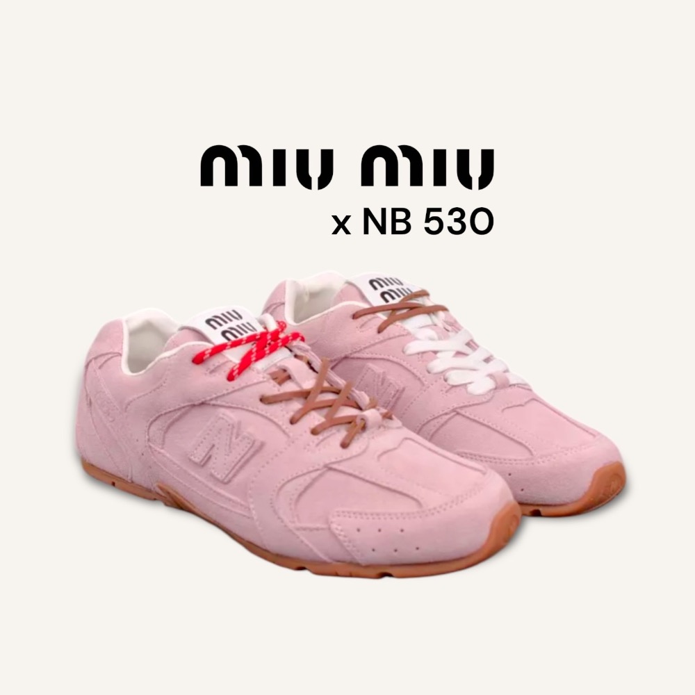 👟New Balance530 x Miu Miu 聯名款粉紅色麂皮拼接運動休閒皮鞋 ｜牛皮｜麂皮｜情侶款｜休閒｜運動-細節圖2