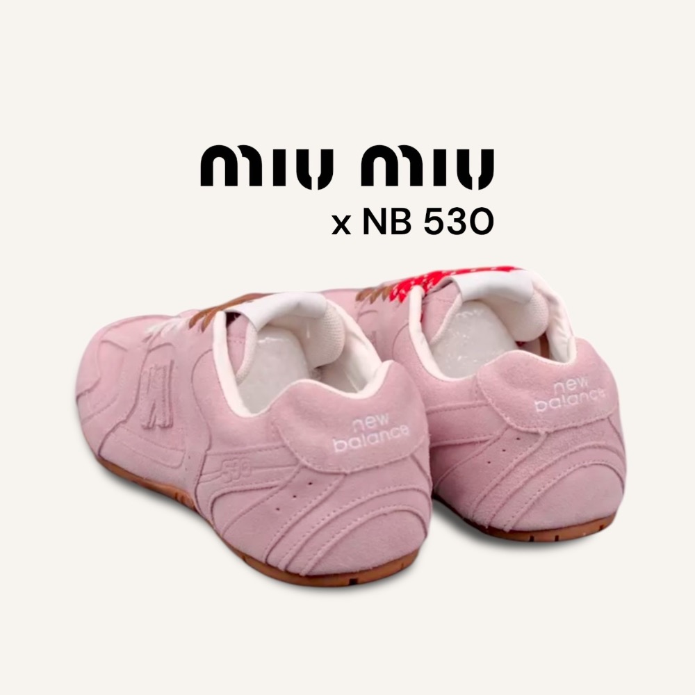 👟New Balance530 x Miu Miu 聯名款粉紅色麂皮拼接運動休閒皮鞋 ｜牛皮｜麂皮｜情侶款｜休閒｜運動-細節圖3