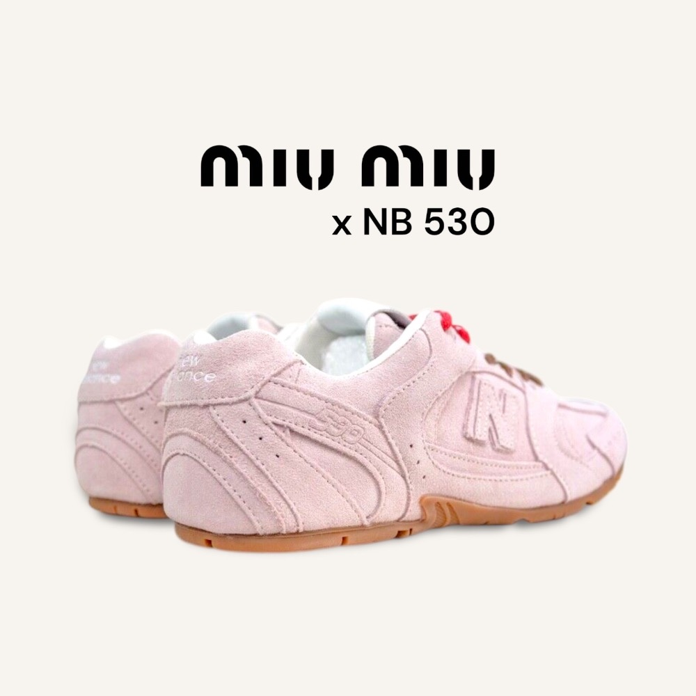 👟New Balance530 x Miu Miu 聯名款粉紅色麂皮拼接運動休閒皮鞋 ｜牛皮｜麂皮｜情侶款｜休閒｜運動-細節圖4