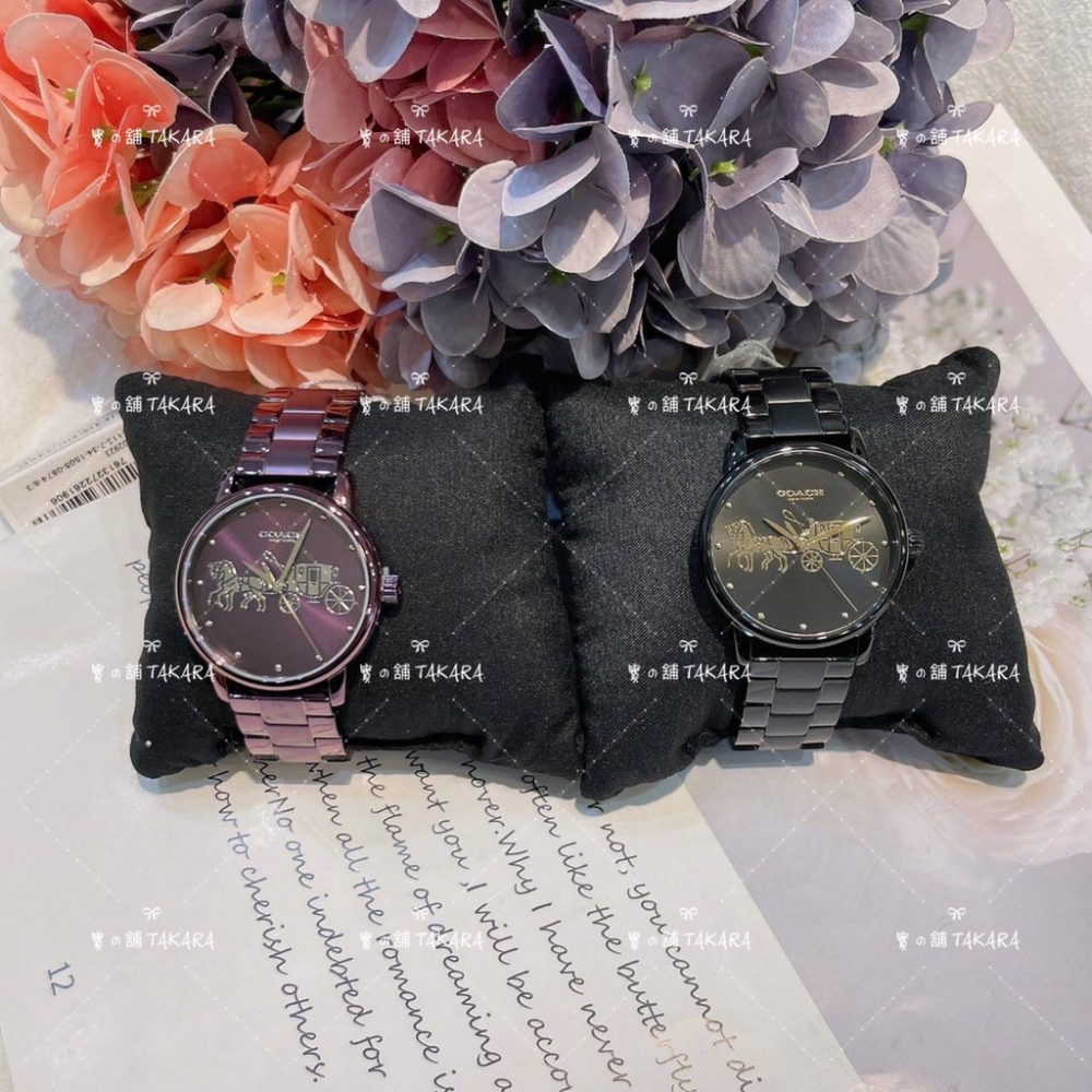寶の舖 現貨 大馬車LOGO鋼錶 美國 COACH 正品 經典 鋼帶 錶 手錶 黑色 紫色 14502925 男女通用