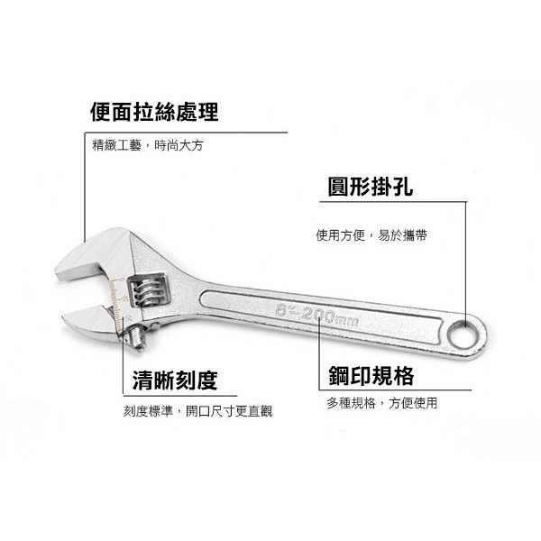 《活動扳手 6吋-18吋》開口扳手 棘輪活動扳手 大開口扳手 螺絲扳手 螺栓 機車螺絲 汽車【飛兒】8-2-19~24-細節圖3