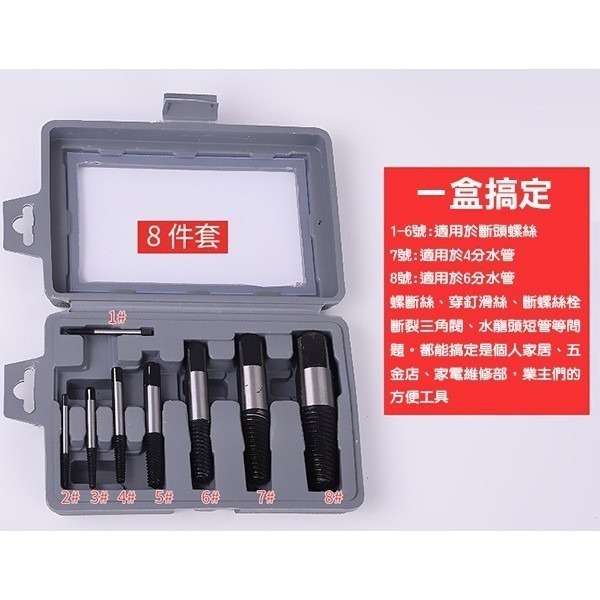斷頭螺絲取出器 8件套 水龍頭三角閥 絲錐斷絲 斷牙 斷頭螺絲取出器 滑牙螺絲 壞螺絲崩牙 套裝 237【飛兒】8-4--細節圖4