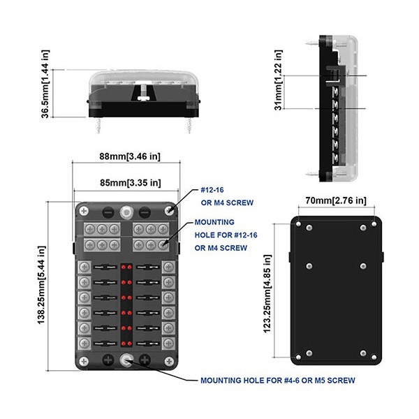 1進12出保險絲盒 帶LED指示燈 汽車 貨車 露營車 船 保險絲盒座 螺絲接線 端子款 1進12出 12-32V【飛兒-細節圖6