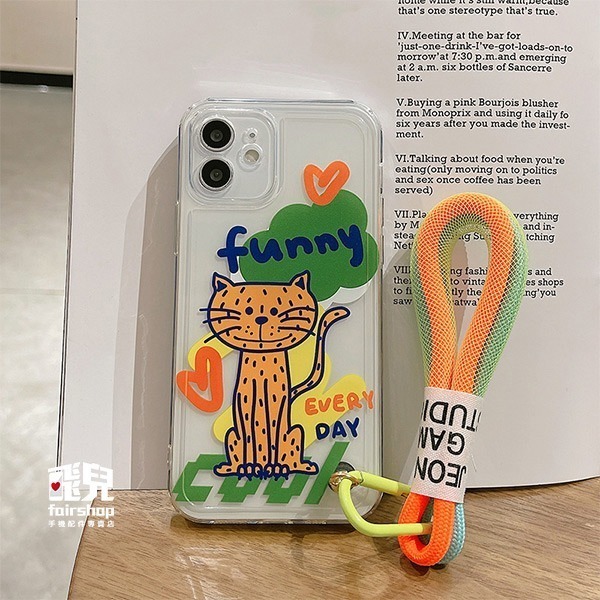 《iPhone15 手機保護殼 FUNNY豹紋貓+瑩光繩/伸懶腰貓》適用iPhone15全機型 透明 手機殼【飛兒】-細節圖9