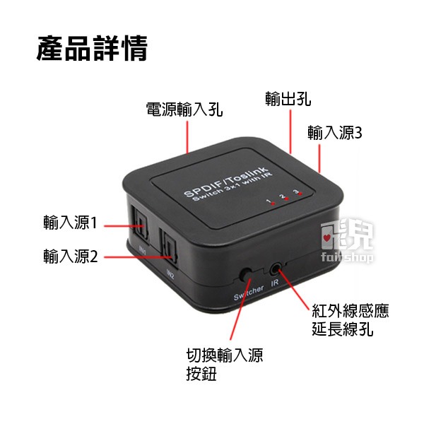 《光纖音訊切換器 三進一出》數位音源切換器 LPCM2.0／DTS／DOLBY-AC3 音源切換【飛兒】15-3-31-細節圖5