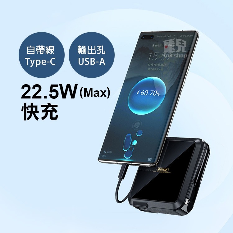 《Remax 22.5W自帶線插頭行動電源》15000mAh RPP-276 快充 Type-C 8Pin USB【飛兒-細節圖5
