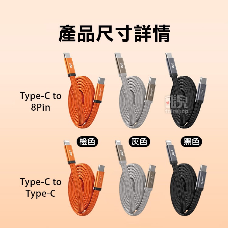 《力拓 快充編織扁線 30W／65W》TypeC 蘋果線 PD快充線 充電線 數據線 扁線 兼容 iPhone【飛兒】-細節圖6