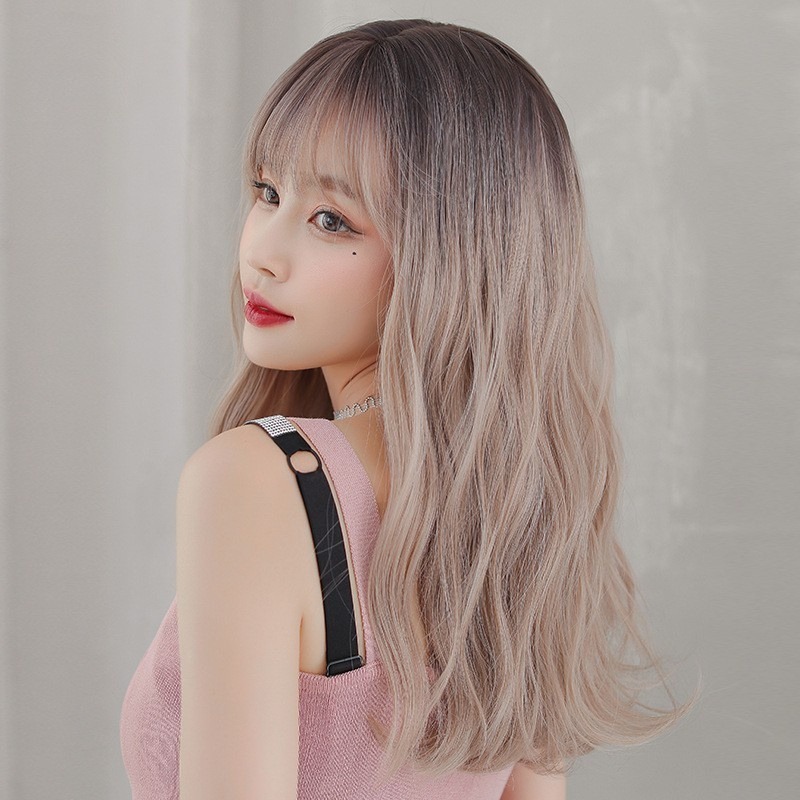 [台灣出貨附發票]漸變色挑染整頂式假髮女 空氣劉海中長捲全頂假髮 玫瑰網假髮 仿真假髮 0306 I-細節圖5