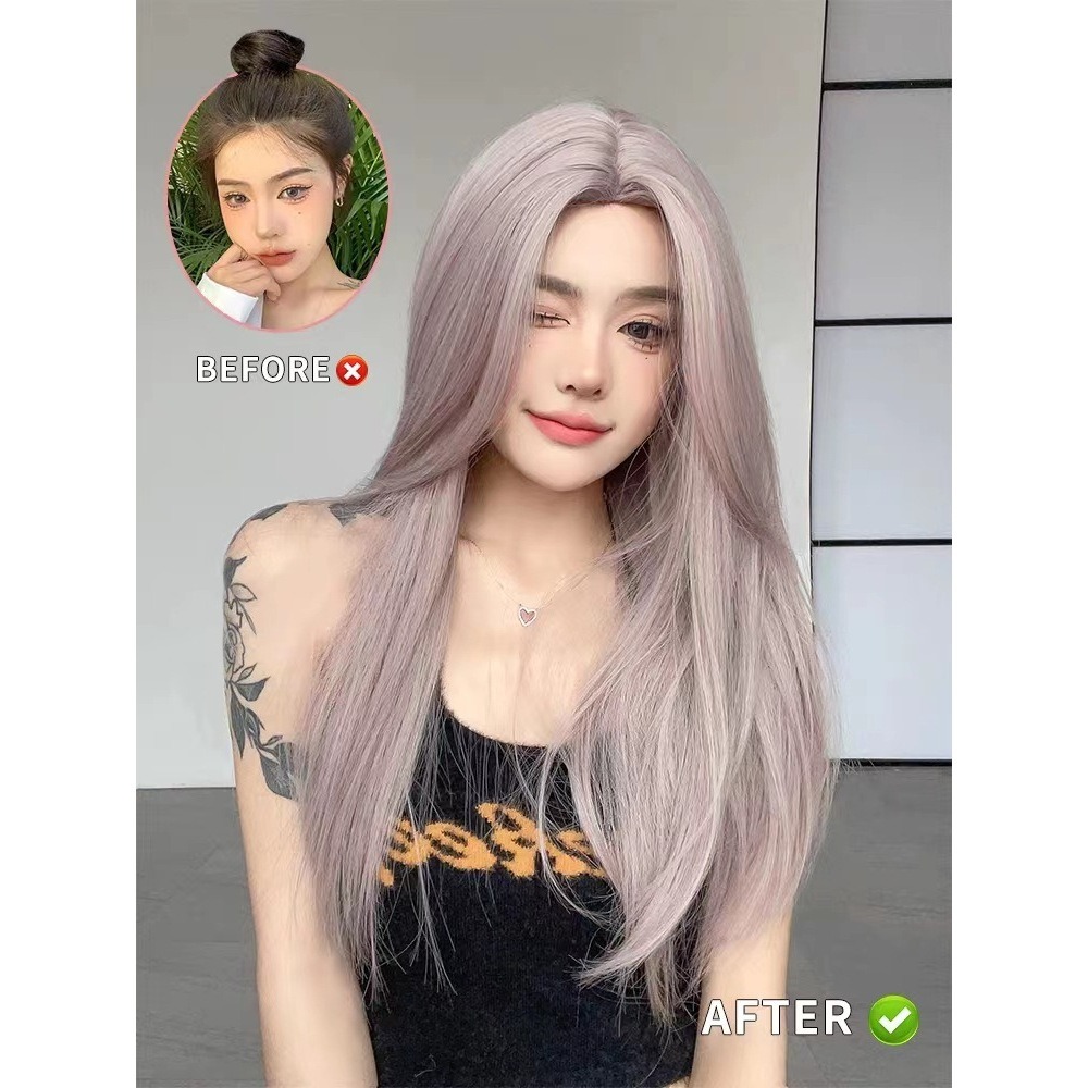 [台灣出貨附發票]❤中分八字劉海假髮 整頂式假髮 假髮女長髮灰紫色長直髮中分全頭套式MGA-136 1333 B I B-細節圖2