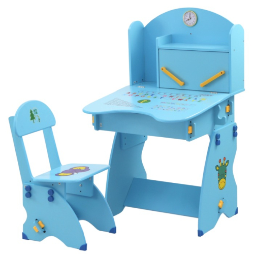【Wisdom Life】EMC 第三代防夾手木質兒童升降成長書桌椅附時鐘(水藍)