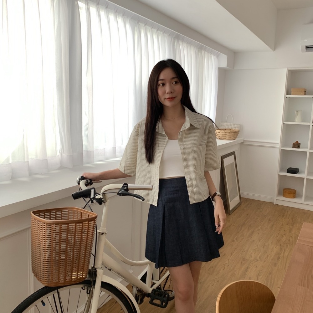 Beforesunrise-泡泡紗質條紋短袖襯衫(2Colors)-細節圖3