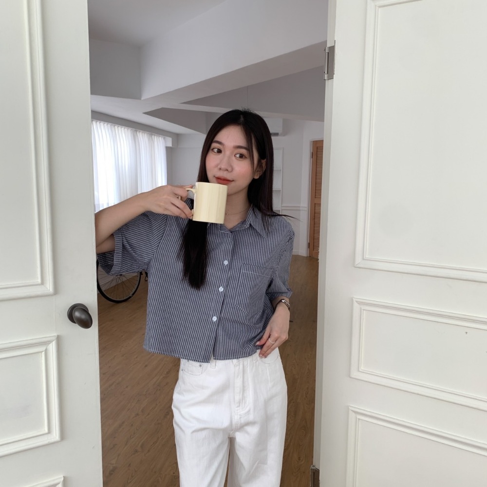 Beforesunrise-泡泡紗質條紋短袖襯衫(2Colors)-細節圖6