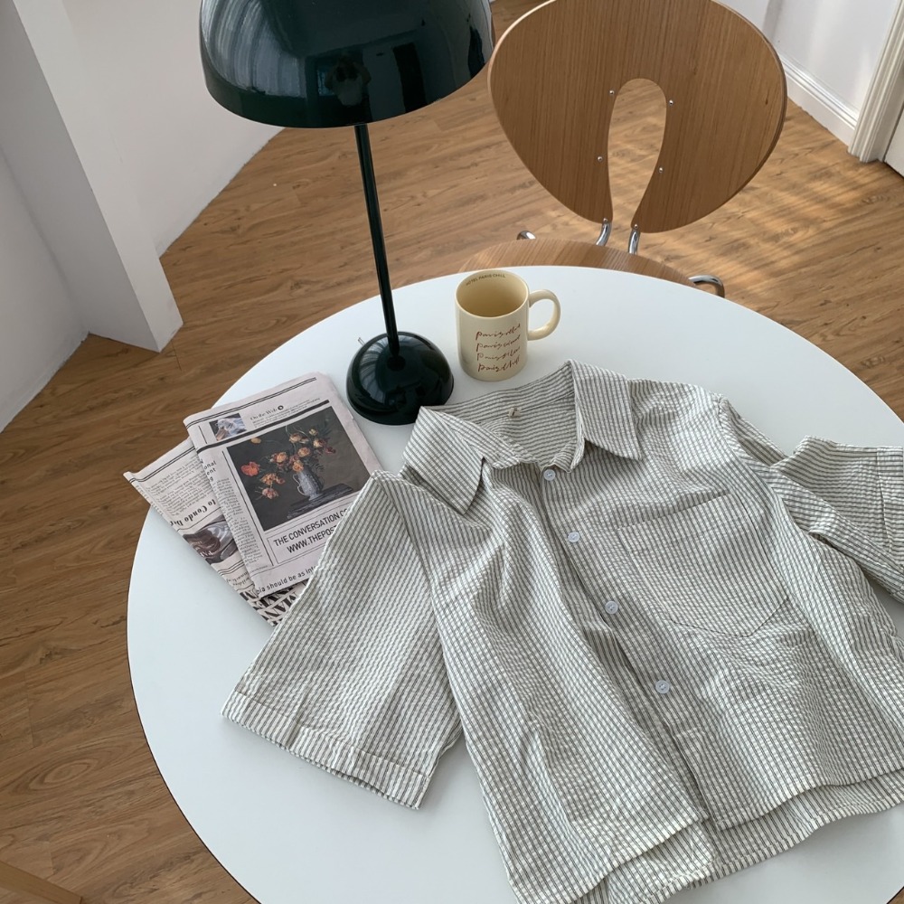 Beforesunrise-泡泡紗質條紋短袖襯衫(2Colors)-細節圖7