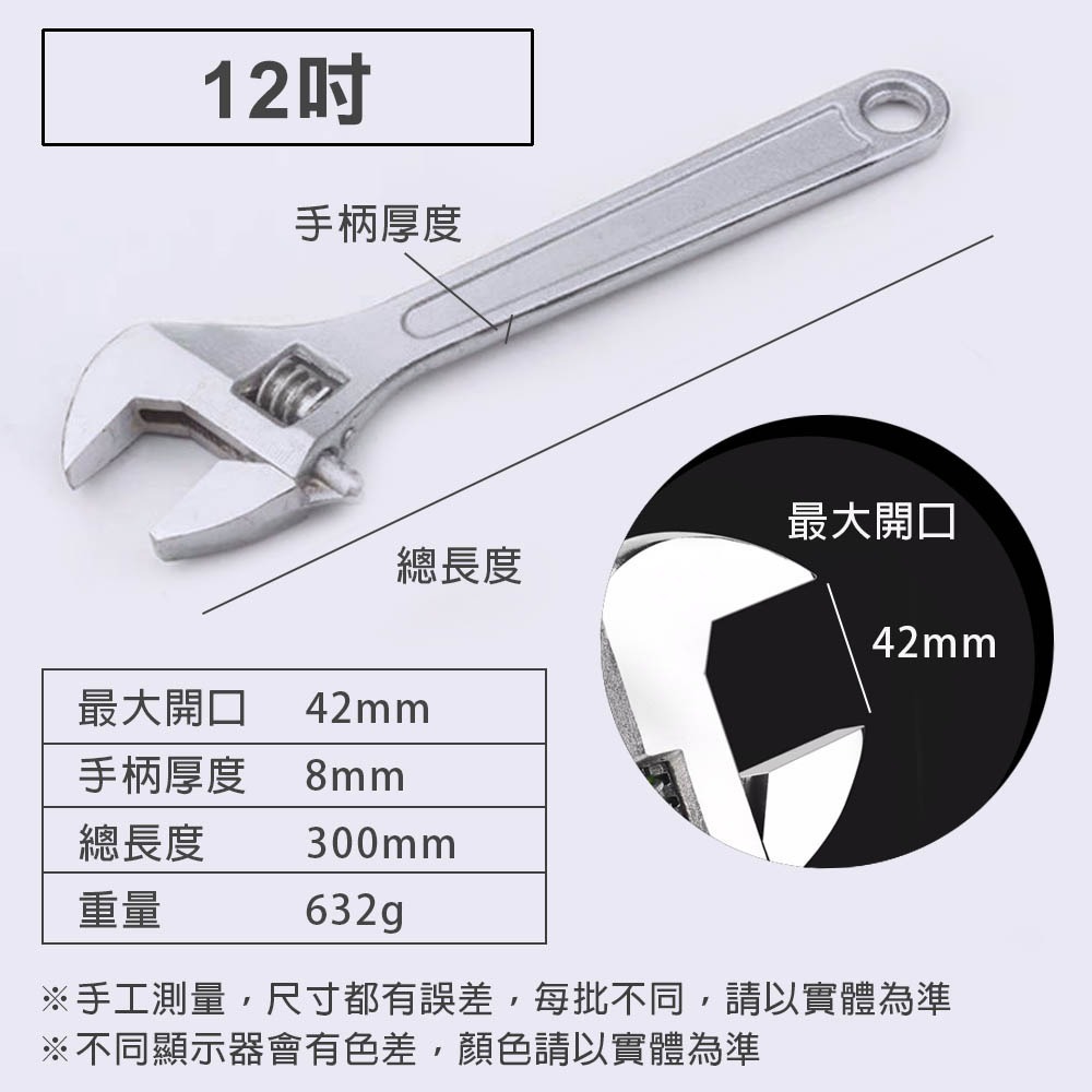 【台灣出貨】活動板手 各尺寸6＂ 8＂10＂12＂15＂開口 扳手-規格圖1