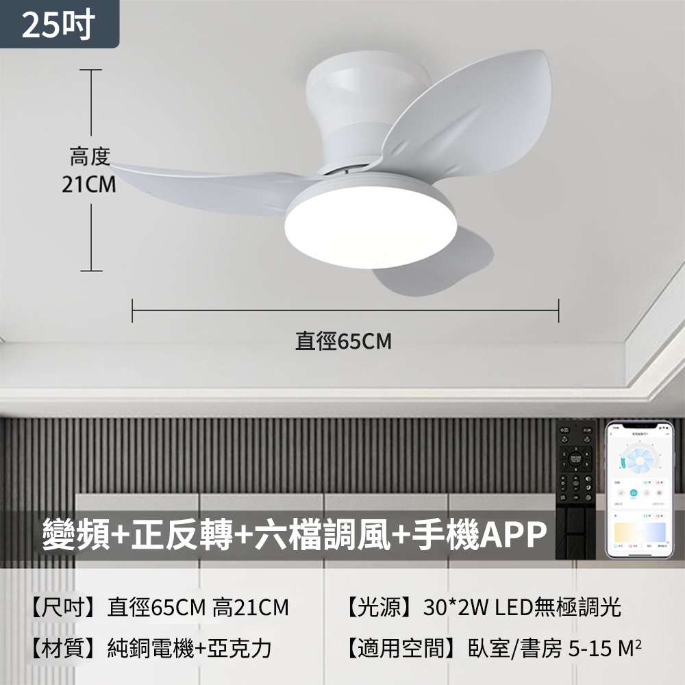 【XINGMU 興沐】現貨25吋吸頂吊扇燈  北歐餐廳燈客體燈 變頻靜音風扇吊燈 帶遙控器電風扇燈 三色變光-規格圖10
