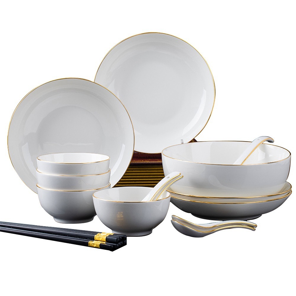 【興沐餐具】 陶瓷金邊碗盤組 4人食18件套裝 陶瓷碗盤 餐具組 碗盤組 入厝禮物 送禮盒 隔日到貨-細節圖2