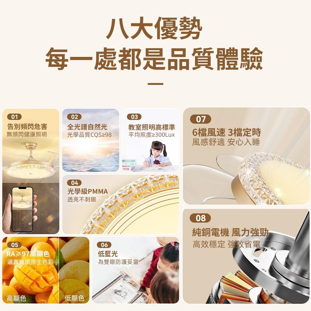 【XINGMU 興沐】輕奢水晶隱形吊扇燈 led吸頂風扇燈 餐廳客廳循環扇 48吋120W吊燈風扇 靜音電風扇 變頻風扇-細節圖5