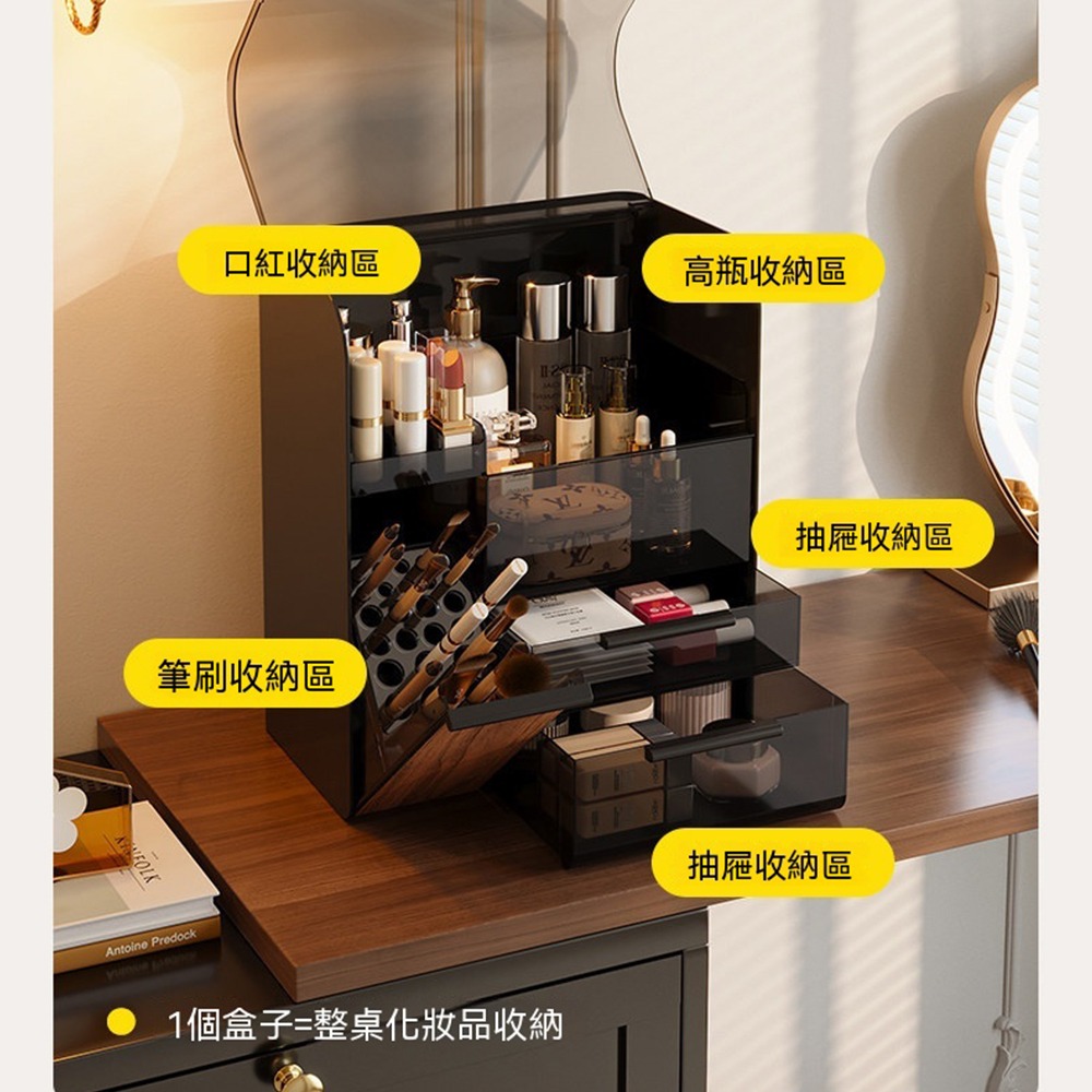 復古木紋化妝品收納盒｜加高頂層可放高瓶水乳 防塵大容量化妝台收納櫃-細節圖10