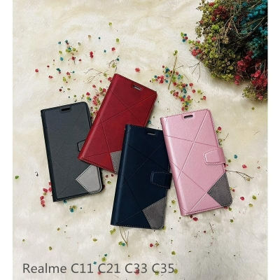 Realme C11 C21 C33 C35 菱格壓紋拼接卡片站立磁扣手機皮套 保護殼