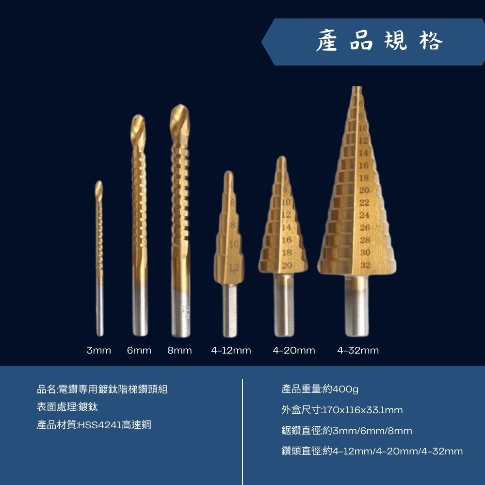 【森森五金】 電鑽專用 HSS 鍍鈦階梯鑽頭 6件組 三角柄直槽階梯鑽 寶塔鑽 鋸齒鑽 鍍鈦 鑽頭 木工-細節圖2