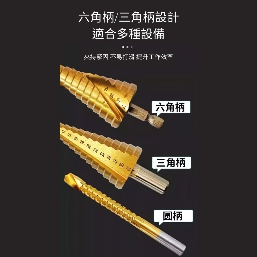 【森森五金】 電鑽專用 HSS 鍍鈦階梯鑽頭 6件組 三角柄直槽階梯鑽 寶塔鑽 鋸齒鑽 鍍鈦 鑽頭 木工-細節圖4