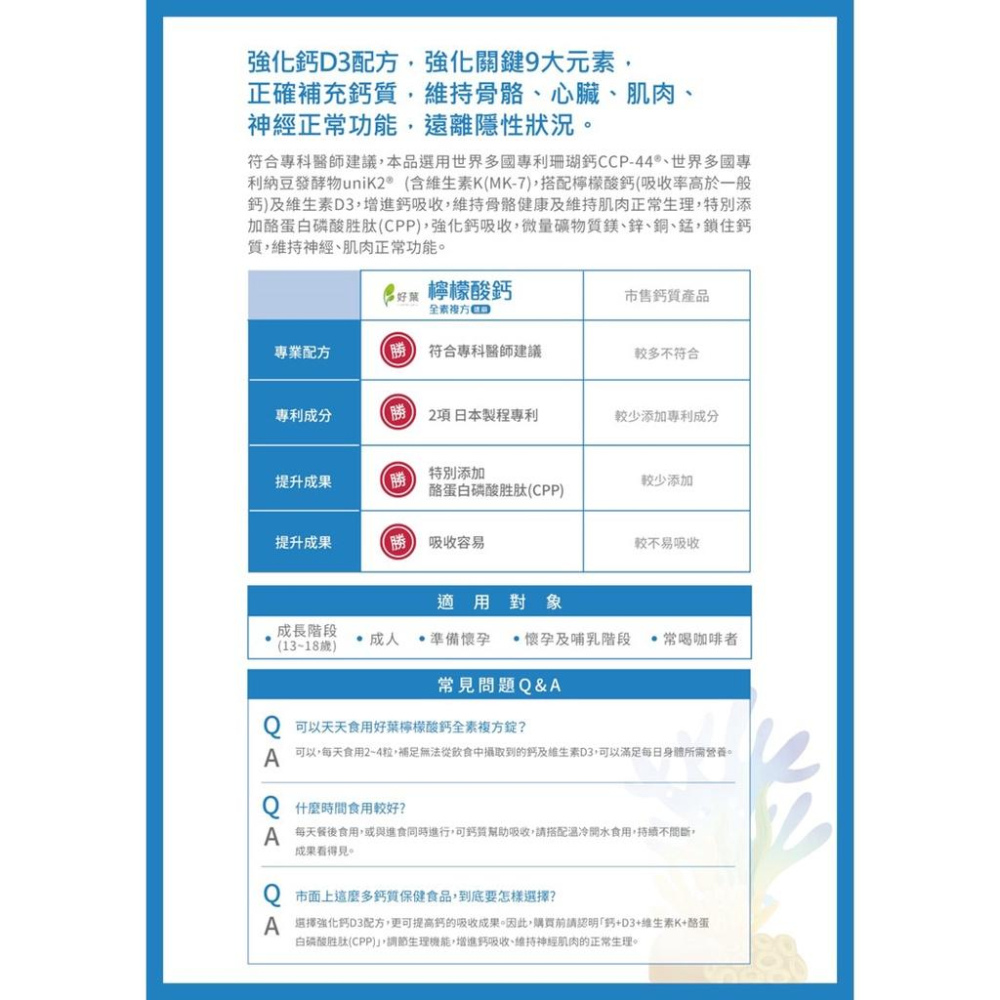 藥局💊現貨_好葉 檸檬酸鈣速崩錠 (全素複方) 120錠/盒 維生素D3 專利珊瑚鈣CCP-44® 微量礦物質-細節圖3