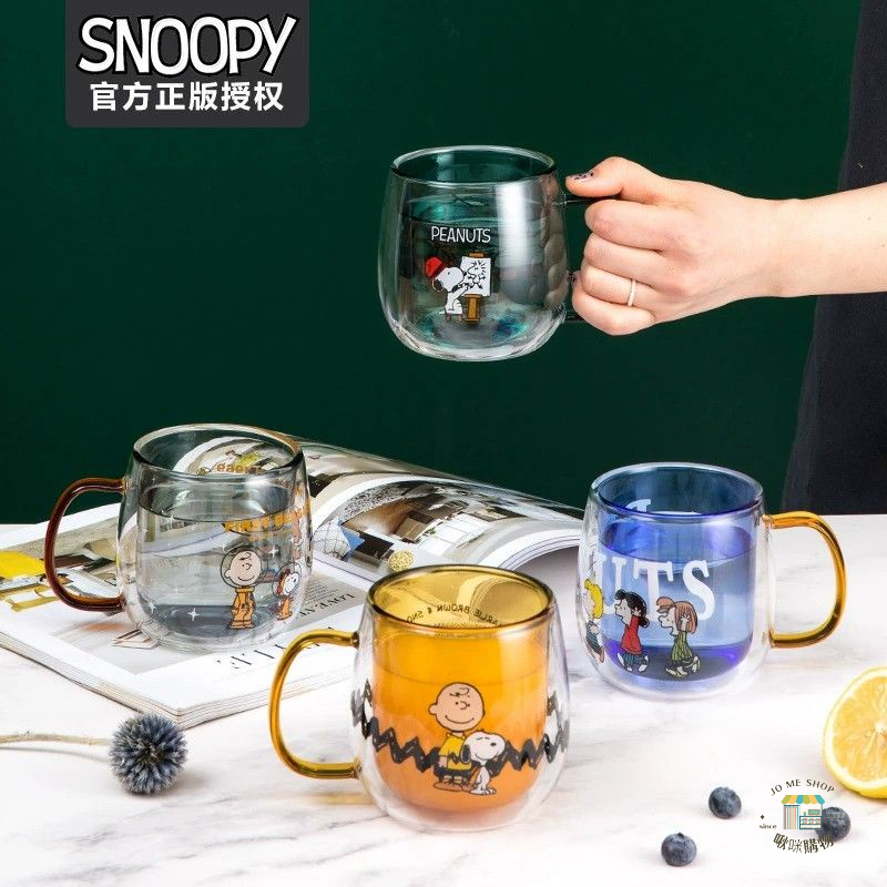 🍹 官方正品 史努比 Snoopy 雙層玻璃杯 卡通 馬克杯 帶把 家用 辦公 杯子  耐高溫 交換禮物-細節圖2