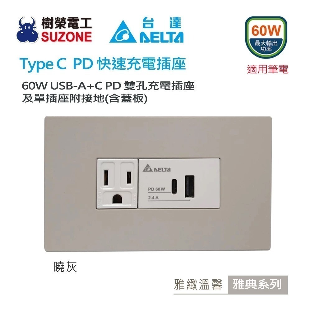 【DELTA台達】樹榮新普雅典/國際牌星光 60W充電插座 A+C  PD雙孔充電插座 USB快充插座 Type C插座-細節圖4