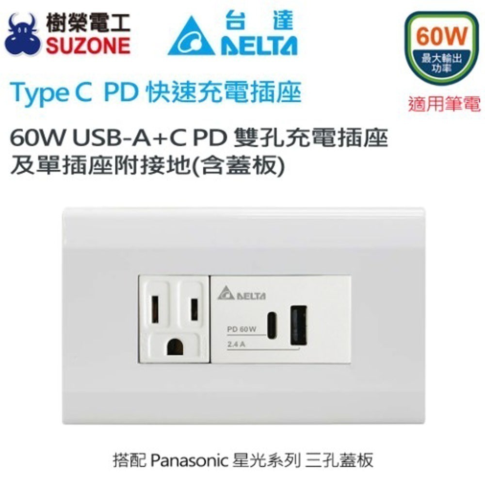 【DELTA台達】樹榮新普雅典/國際牌星光 60W充電插座 A+C  PD雙孔充電插座 USB快充插座 Type C插座-細節圖2