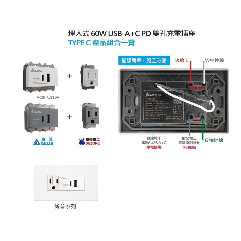 【台達電子】60W埋入式USB雙孔充電插座(埋入式USB-A+C PD)-細節圖2