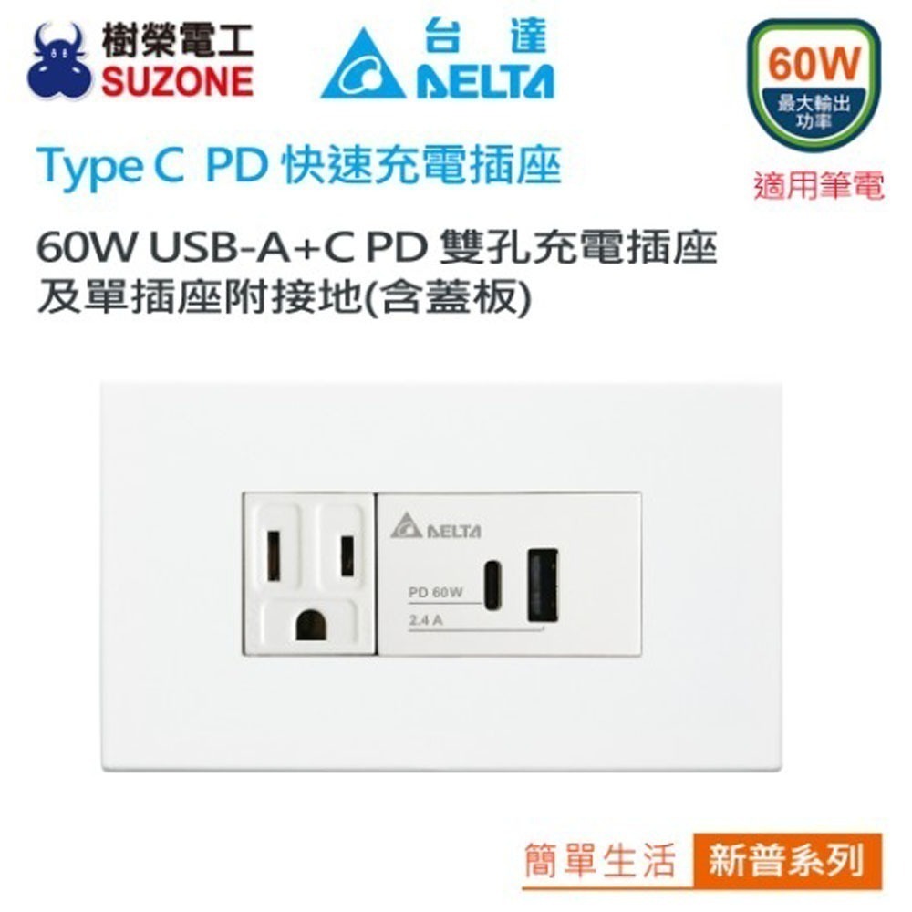 【DELTA台達】樹榮新普雅典/國際牌星光 60W充電插座 A+C  PD雙孔充電插座 USB快充插座 Type C插座-規格圖5