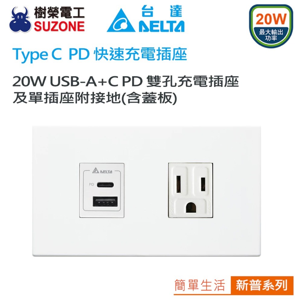 【台達Delta】20W充電插座 A+C PD雙孔充電插座 USB快充插座 Type C插座/兩孔/國際星光/樹榮代工-規格圖5