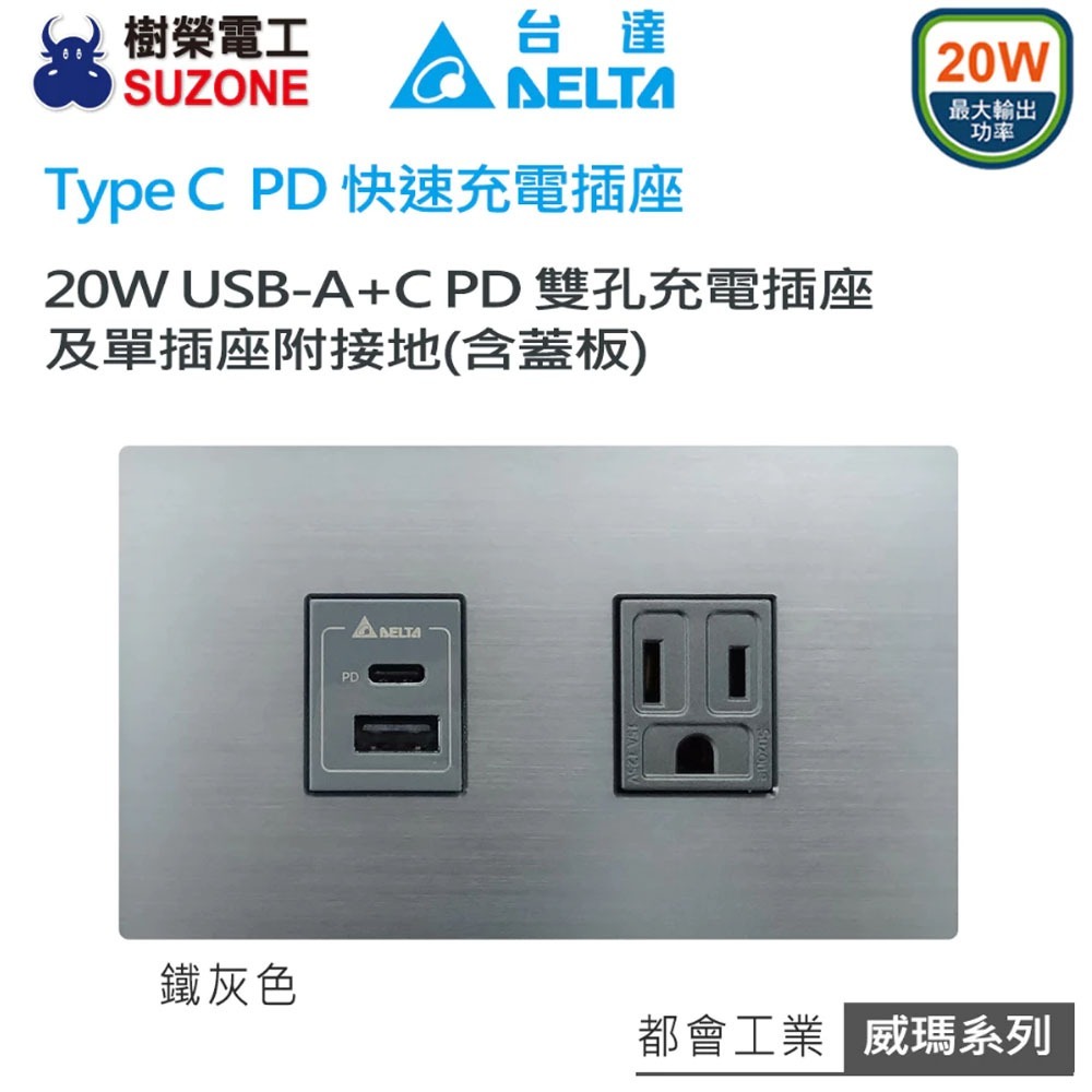 【台達Delta】20W充電插座 A+C PD雙孔充電插座 USB快充插座 Type C插座/兩孔/國際星光/樹榮代工-規格圖5