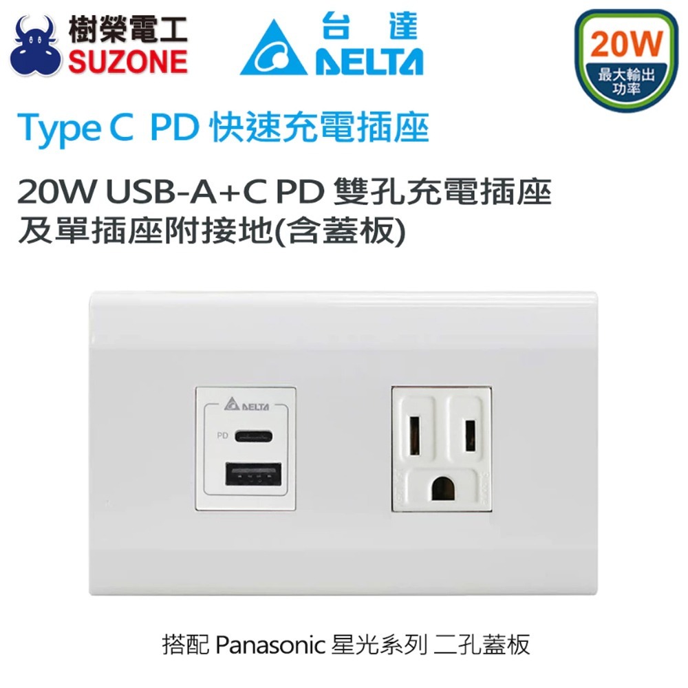 【台達Delta】20W充電插座 A+C PD雙孔充電插座 USB快充插座 Type C插座/兩孔/國際星光/樹榮代工-規格圖5