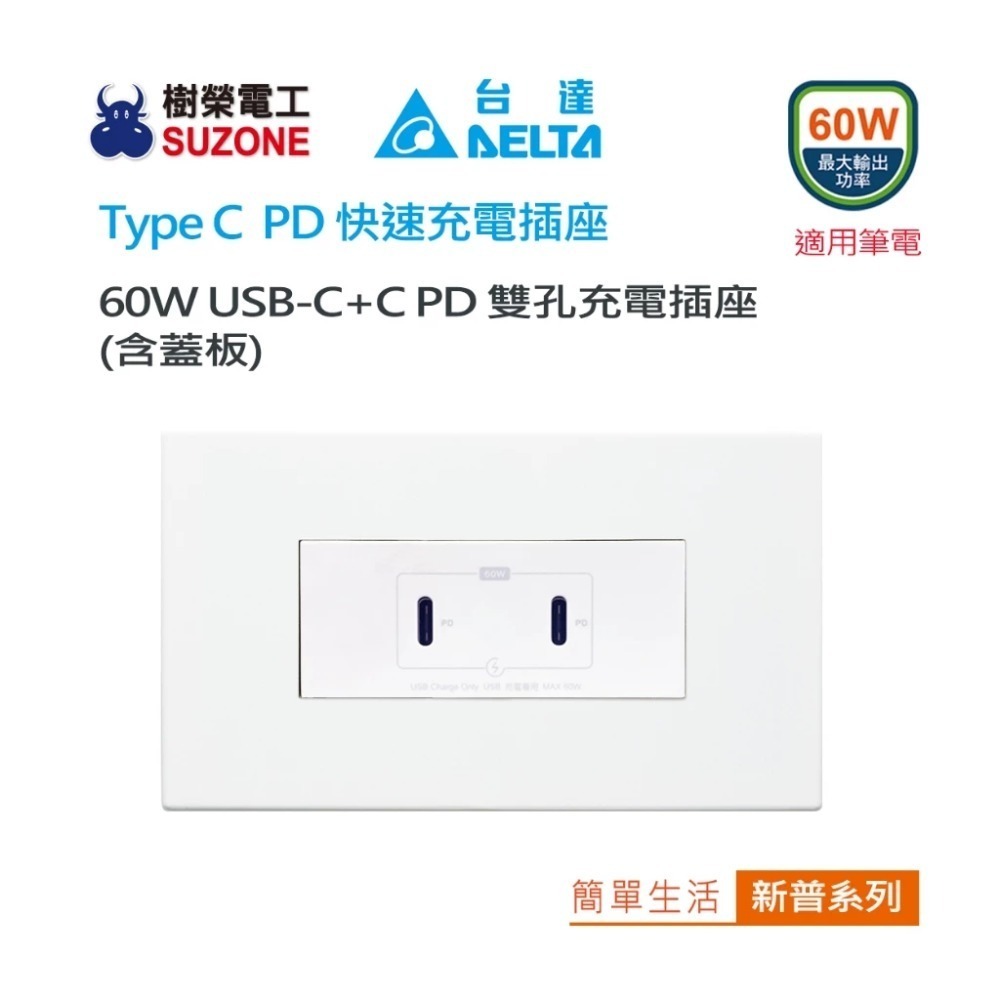 【DELTA台達】60W充電插座 C+C PD雙孔充電插座 USB快充插座 Type C插座/國際星光/樹榮代工-規格圖6