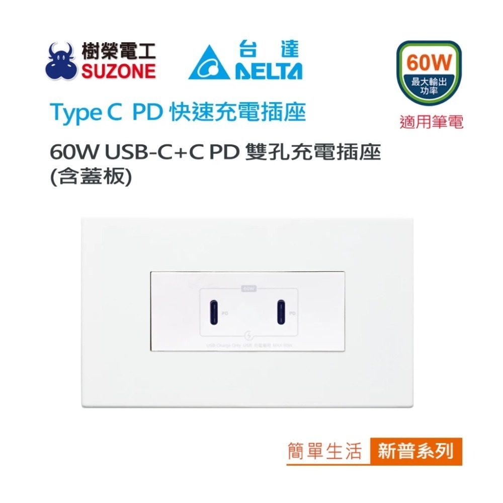 【DELTA台達】60W充電插座 C+C PD雙孔充電插座 USB快充插座 Type C插座/國際星光/樹榮代工-規格圖6