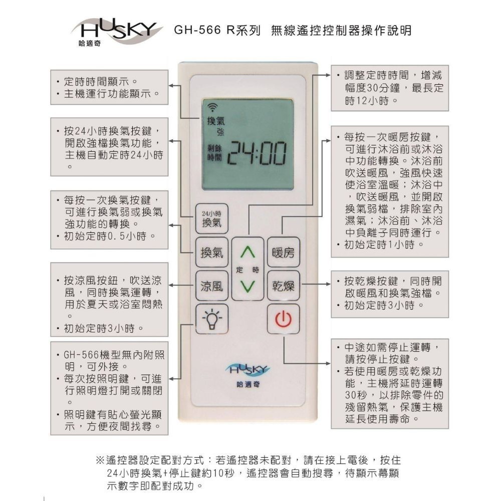 【HUSKY 哈適奇】除菌型 多功能浴室乾燥暖風機  無線遙控 負離子除菌 GH-566R GH-566RA-細節圖3