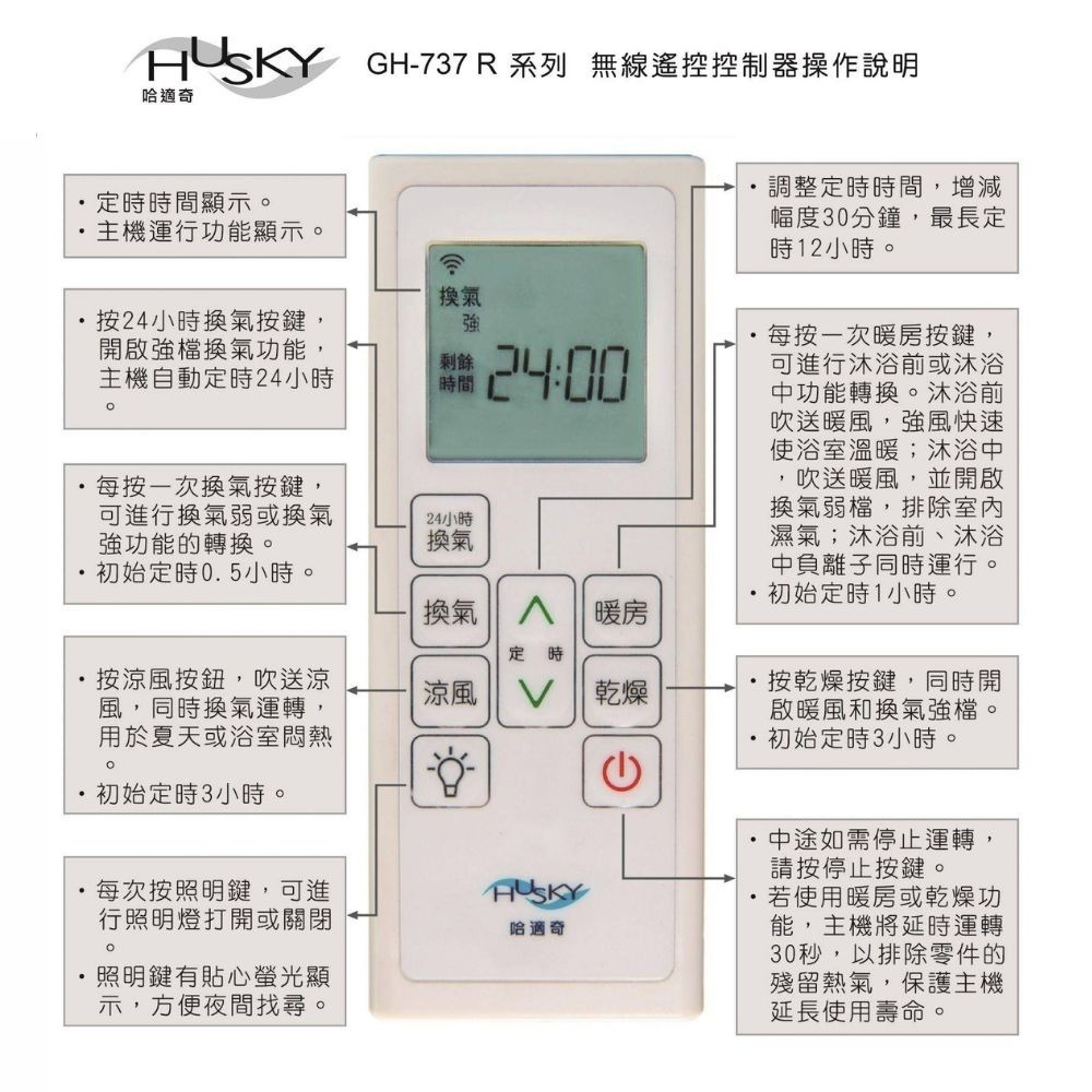 【HUSKY 哈適奇】照明除菌型 多功能浴室乾燥暖風機  照明暖氣機 無線遙控 負離子GH-737R GH-737RA-細節圖2