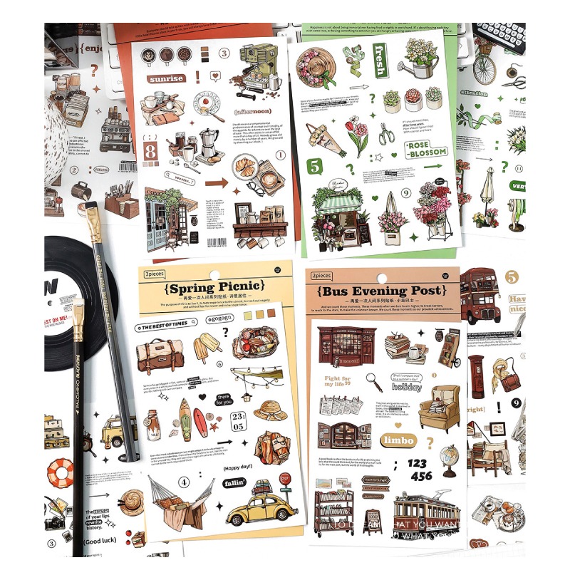 貼紙 我的生活插畫風 復古風格 電車 巴士 書店 露營 街角咖啡 花店-細節圖2