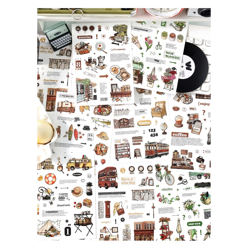 貼紙 我的生活插畫風 復古風格 電車 巴士 書店 露營 街角咖啡 花店-細節圖3
