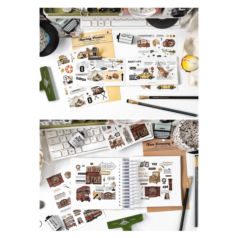 貼紙 我的生活插畫風 復古風格 電車 巴士 書店 露營 街角咖啡 花店-細節圖6