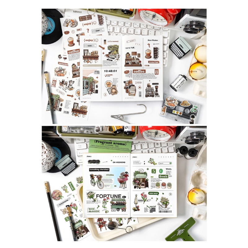 貼紙 我的生活插畫風 復古風格 電車 巴士 書店 露營 街角咖啡 花店-細節圖7