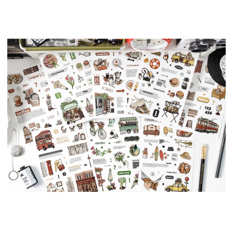 貼紙 我的生活插畫風 復古風格 電車 巴士 書店 露營 街角咖啡 花店-細節圖8