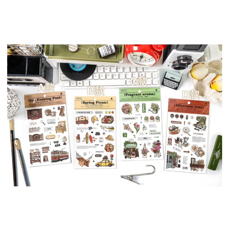 貼紙 我的生活插畫風 復古風格 電車 巴士 書店 露營 街角咖啡 花店-細節圖9