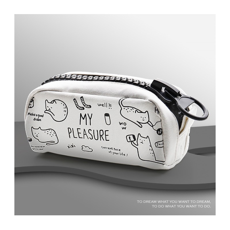 筆袋 鉛筆盒 大拉鍊玩酷貓咪帆布筆袋 慵懶貓咪 黑與白大容量 可放60支筆-細節圖2